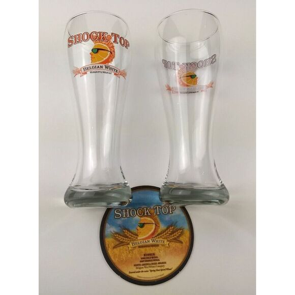 2 - SHOCK TOP BELGIAN WHITE Beer Pilsner Glasses &‎ Vintage Beer Coaster - Picture 7 of 16